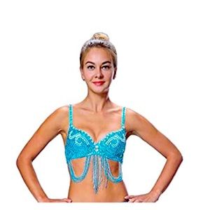 Seawhisper Rhinestone Belly Dance Bead Sequin Bra Costume Top, Blue 32B-34A-34B